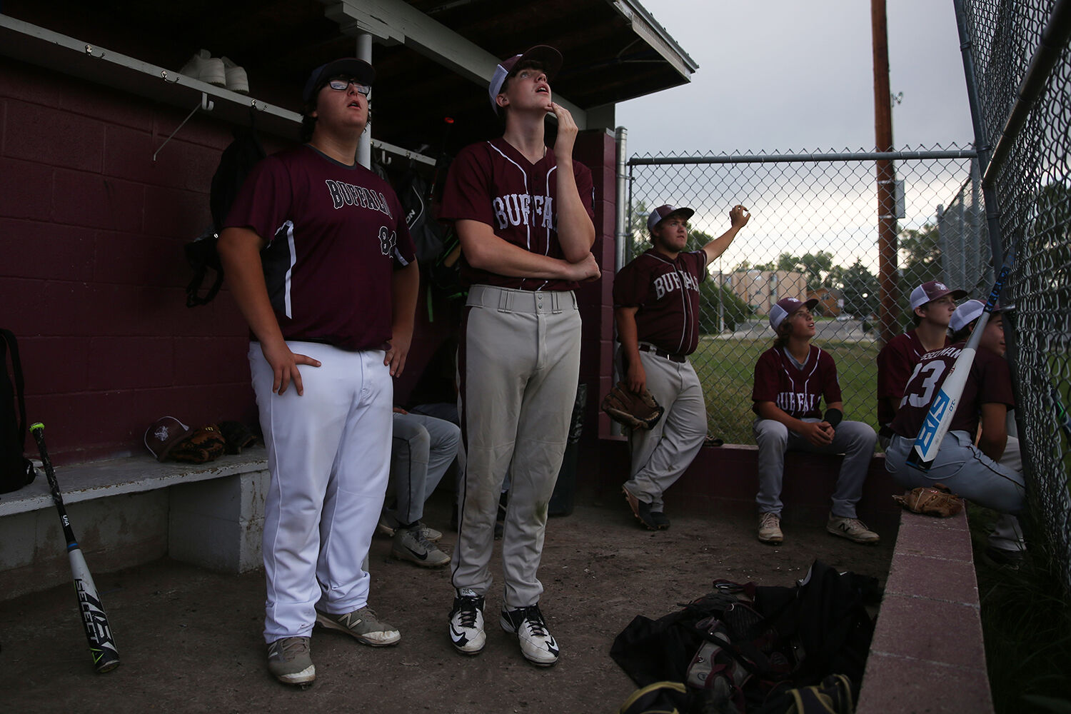 Everyone in the dugout looked up to watch a pop fly that was ultimately caugh